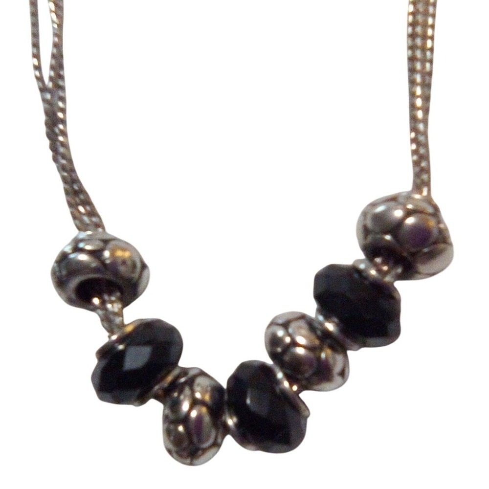 Napier Silver Tone Triple Strand Necklace Black Faceted and Textured Beads